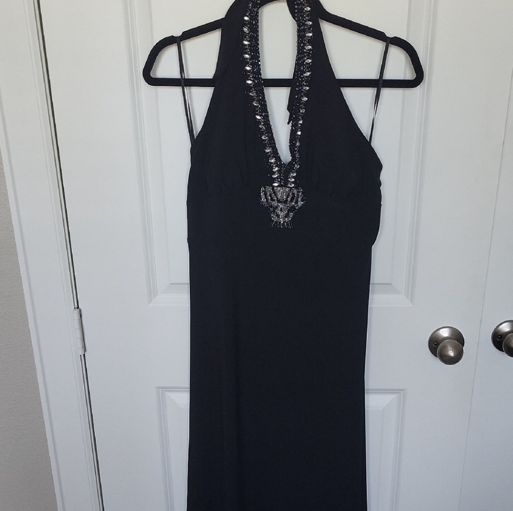 Elegant Black Halter Dress with Silver Accents
